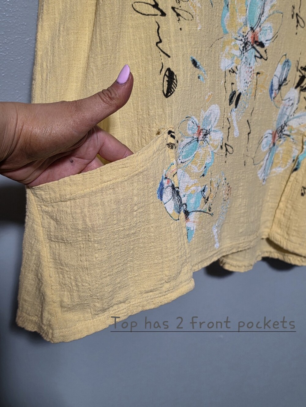 JESS & JANE Tunic Womens Size Large Yellow Floral Cotton Pocket Art Top Boho USA - Picture 4 of 8